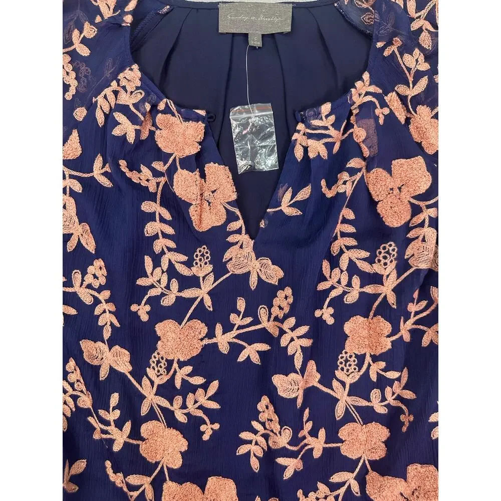 NWOT Anthropologie Sunday in Brooklyn Navy Pink Embroidered Floral Blouse Size S - Picture 6 of 11